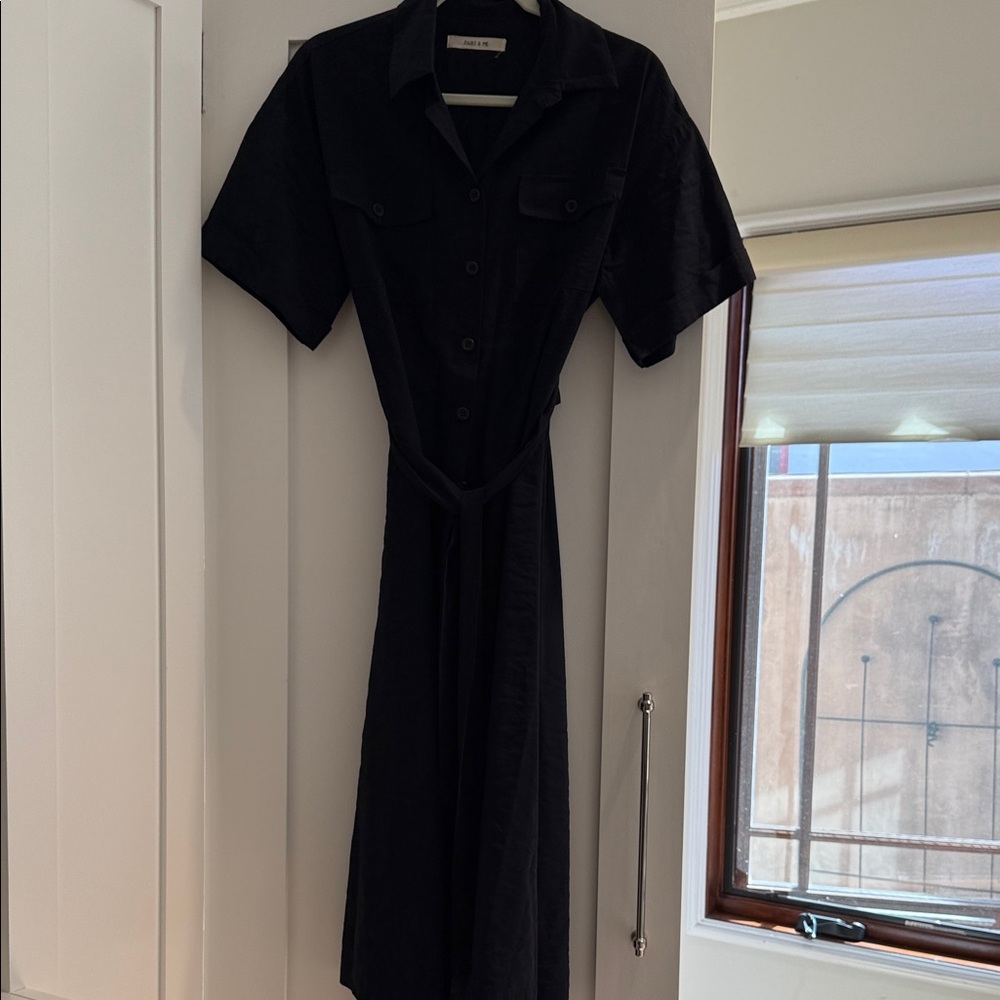 Black Short-Sleeve Midi Shirt Dress with Tie Waist